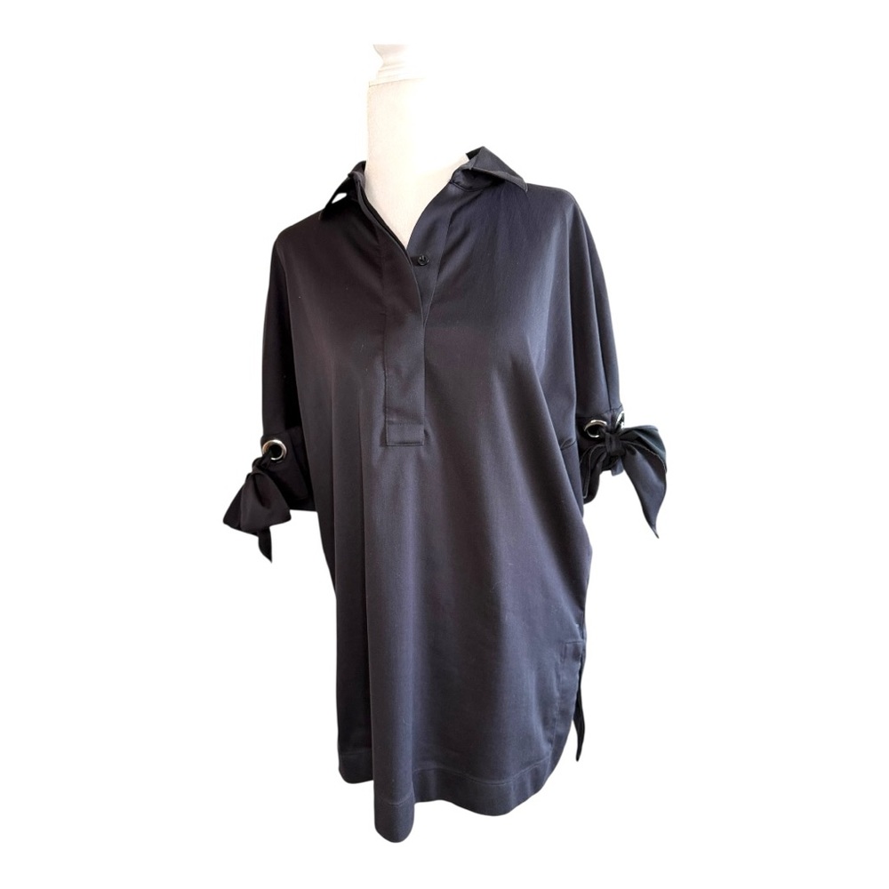 Chico's No-Iron Chic Stretch Black Blouse with Tie Sleeves